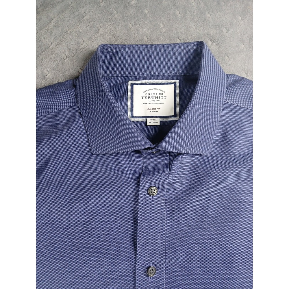 Charles Tyrwhitt Dress Shirt Mens 18 37 2XL Classic Fit Non-Iron Royal Blue - Picture 2 of 6